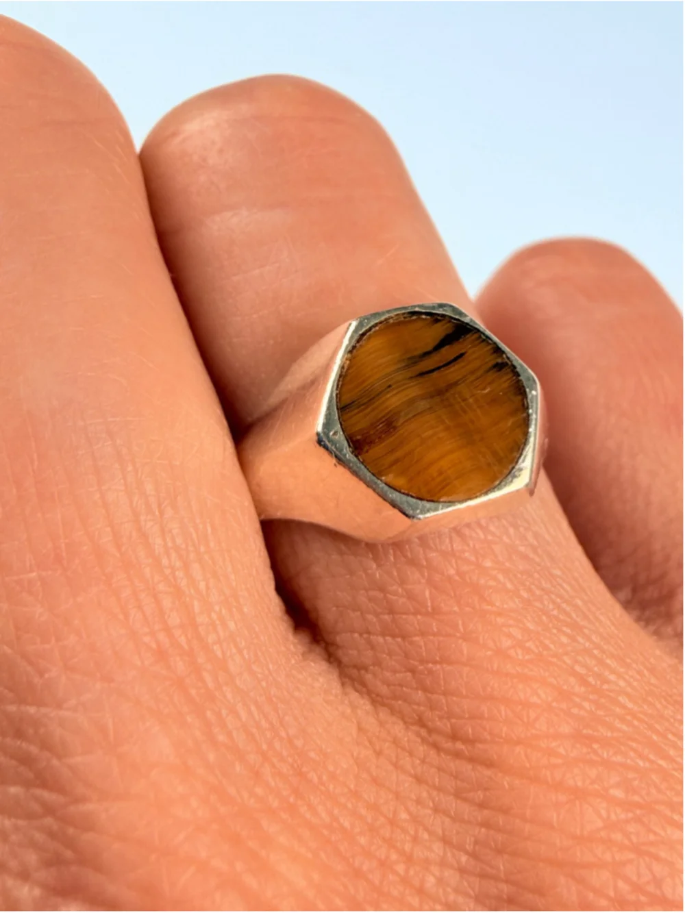 Modernist Tiger Eye Signet Octagon 925 Sterling Silver Streamline Ring Mexico